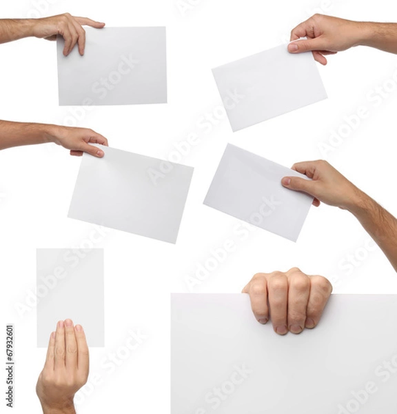 Fototapeta Zbiór ręki trzymającej czysty papier na białym tle