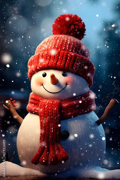 Fototapeta A snowman wearing a red hat and scarf. Christmas card. Generative AI