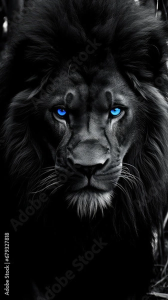 Fototapeta black and white portrait of a lion with blue eyes