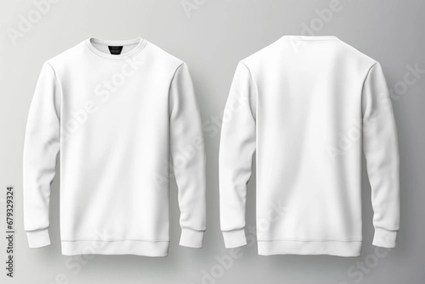 Fototapeta Set of white front and back view tee sweatshirt sweater long sleeve on background cutout. Mockup template for artwork graphic design.