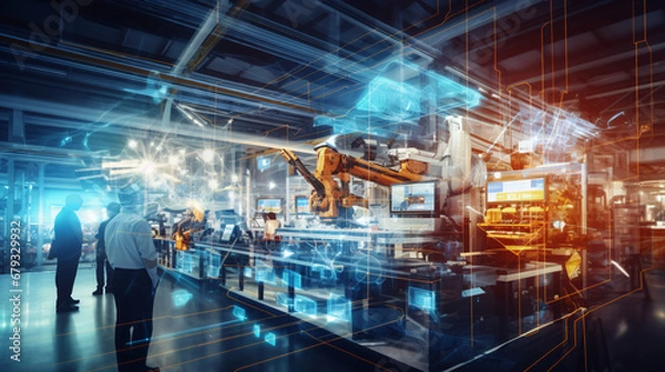 Obraz Industry 4.0 in action within a smart factory with machinery, and robotics in a futuristic industrial setting. Innovation, engineering, and interconnected systems. Generative AI
