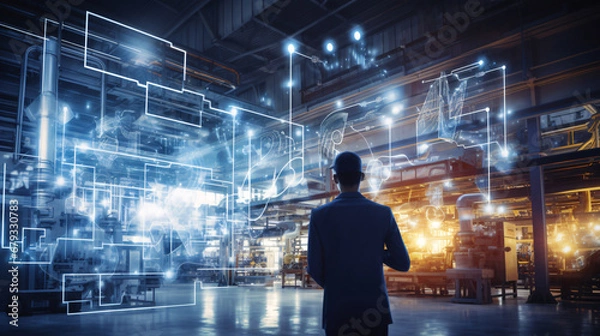 Obraz Industry 4.0 in action within a smart factory with machinery, and robotics in a futuristic industrial setting. Innovation, engineering, and interconnected systems. Generative AI