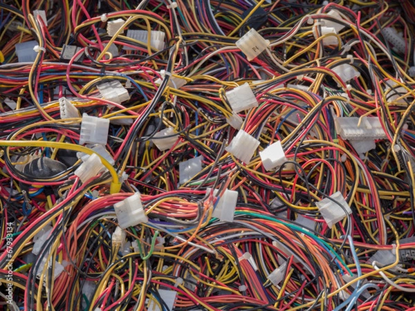 Fototapeta old computer parts, cables close up