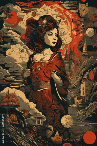 Fototapeta Eternal Harmony: A Retro Asian Style Art Poster Melding Vintage Eastern Aesthetics with Modern Generative Creativity, Crafted by Generative AI
