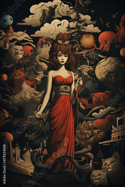 Fototapeta Eternal Harmony: A Retro Asian Style Art Poster Melding Vintage Eastern Aesthetics with Modern Generative Creativity, Crafted by Generative AI