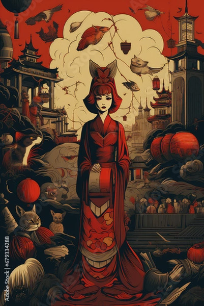 Fototapeta Eternal Harmony: A Retro Asian Style Art Poster Melding Vintage Eastern Aesthetics with Modern Generative Creativity, Crafted by Generative AI