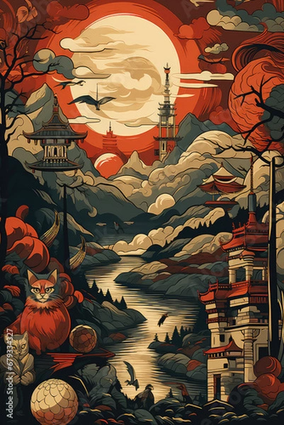 Fototapeta Eternal Harmony: A Retro Asian Style Art Poster Melding Vintage Eastern Aesthetics with Modern Generative Creativity, Crafted by Generative AI