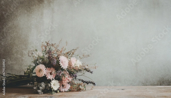 Fototapeta wild flower bouquet on vintage table; widescreen wallpaper / background with text space