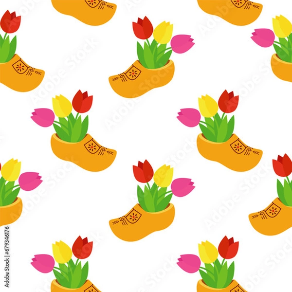 Obraz Seamless background with Dutch wooden shoe. Traditional Dutch klomp shoes and tulips.