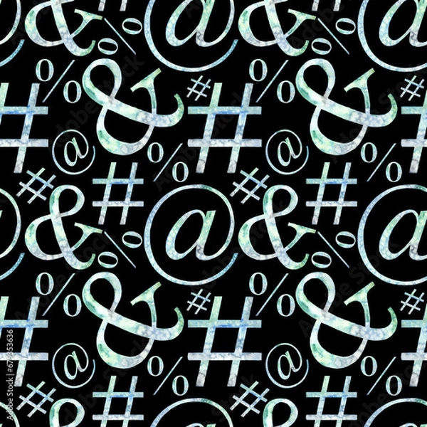 Fototapeta Seamless pattern of hand drawn watercolor Email address sign Arobas, hashtag, Percentage sign, ampersand illustration. Lettering on a black background.