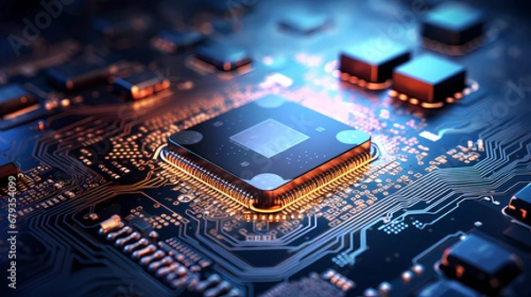 Fototapeta Computing processor, CPU, microchip and electronic circuit board. Advanced technology conceptual background - Generated by Generative AI