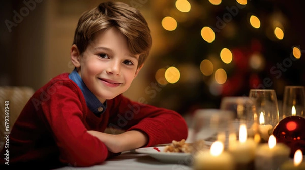 Fototapeta Cheerful boy in a red sweater is smiling at the Christmas dinner table, with lit candles and a decorated tree in the background, contributing to a festive atmosphere.