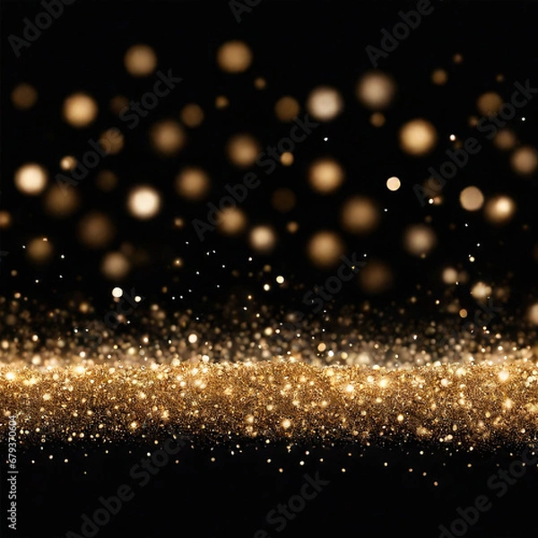 Fototapeta Shiny flow of glitter particles and bokeh golden shiny background on dark backdrop	
