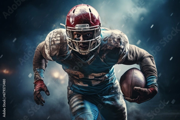 Fototapeta Close-up of professional American football player running with the ball across the stadium field. Determined, powerful, skilled African American athlete ready to win the game. Blurred background.