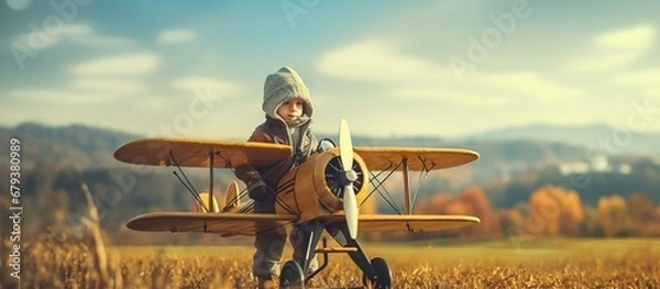 Fototapeta Happy girl pilot playing plane toy on field. AI generated image