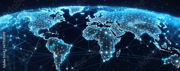 Fototapeta Mapa połączenia siatki planety Ziemia. Globalny projekt sieci. Koncepcja sieci technologicznej