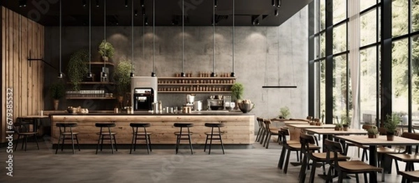 Obraz Minimalist interior design of restaurant or cafe with wooden style. AI generated