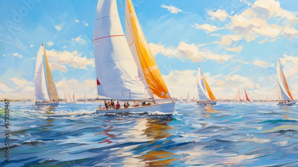 Fototapeta 
Impressionist painting, vibrant sailboats racing on a sunny afternoon, water reflecting the clear blue sky, strong winds, playful waves
