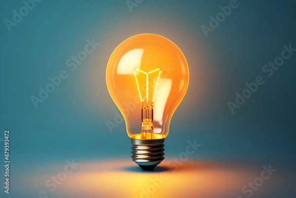 Fototapeta Glowing orange light bulb isolated on a blue background