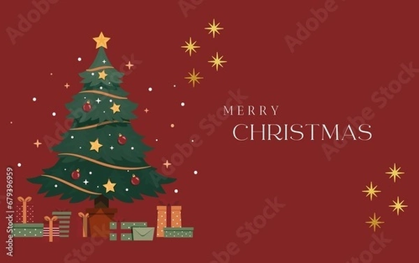 Fototapeta red background with tree and merry christmas written