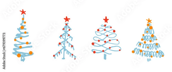 Fototapeta Set of Christmas tree. Sketch hand drawn xmas pattern. Doodle childlike silhouette art. Winter New year holiday firs, decor elements on isolated background. Vector vintage illustration.
