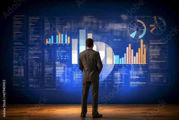 Fototapeta A man stands in front of the graphs,diagrams and charts on screen. Financial development, Banking Account, Statistics