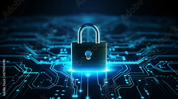 Obraz Cybersecurity technology: Digital padlock guarding computing systems against fraud and protecting privacy data in a dark blue backdrop