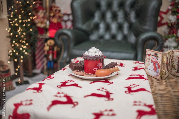 Fototapeta  A colorful, joyful scene adorned with a Santa statue, plush sofa, and charming stuffed animals. Perfect for holiday-themed projects.