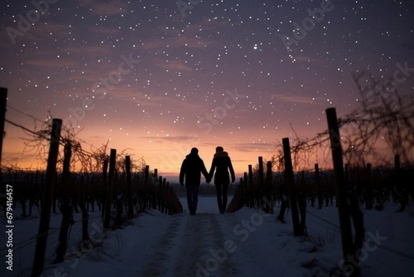 Fototapeta couple taking a romantic evening walk in a snow-covered vineyard, with rows of grapevines and a starry sky