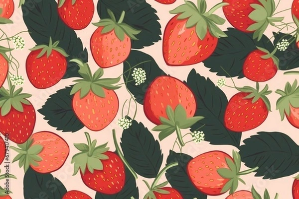 Fototapeta Falling juicy ripe strawberries with green leaves on a white background. Watercolor illustration for advertising juices, desserts, pastries. Generative AI