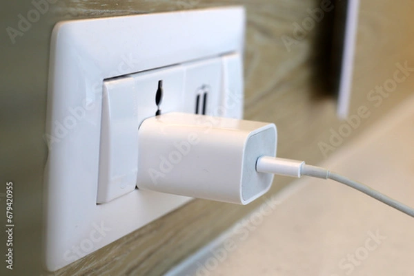 Fototapeta Hand insert a plug of the phone charger into socket.