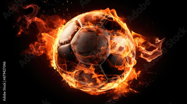 Fototapeta An intense and dramatic image capturing a sport ball engulfed in flames against a stark black background, radiating energy and passion.
