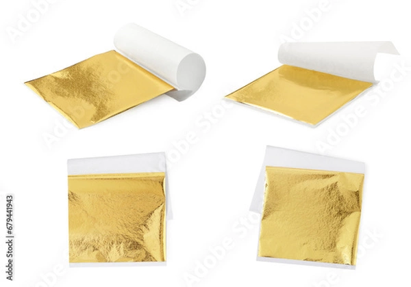 Obraz Edible gold leaf sheet isolated on white, set