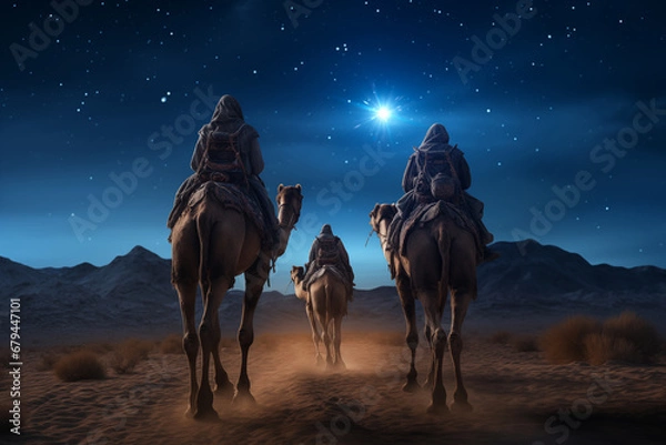 Fototapeta Three Wise Men, Three Kings follow Bethlehem star in the night