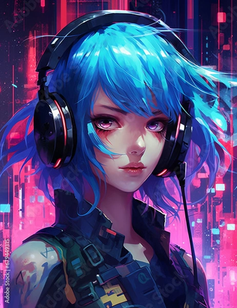 Obraz An image of a woman wearing a digital headset while also sporting a pair of headphones, embodying a tech-forward look created with generative AI tools.
