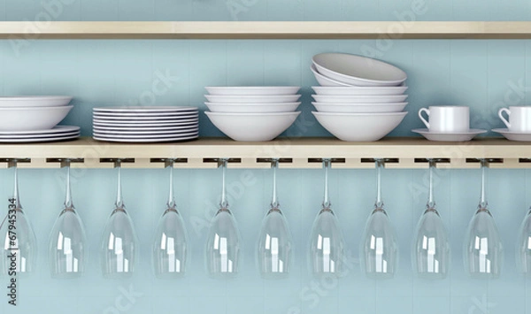 Obraz Ceramic kitchenware on shelf.