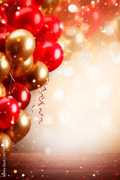Fototapeta Celebration party banner background with red, gold balloons, carnival, festival or birthday balloon red background, red celebration background template