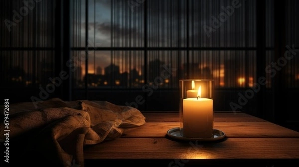 Fototapeta Candlelight casting warm glow in modern, minimalist room.