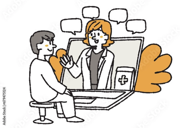 Fototapeta インターネットで薬を処方してもらう人物　コミカルな手書きの人物　ベクター、線画にカラー