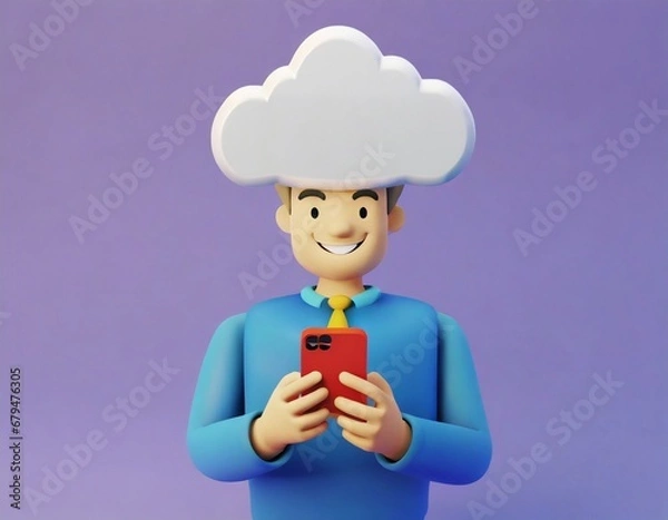 Fototapeta A cute person big eyes holds a smartphone with a white screen with a white circle frame floating.