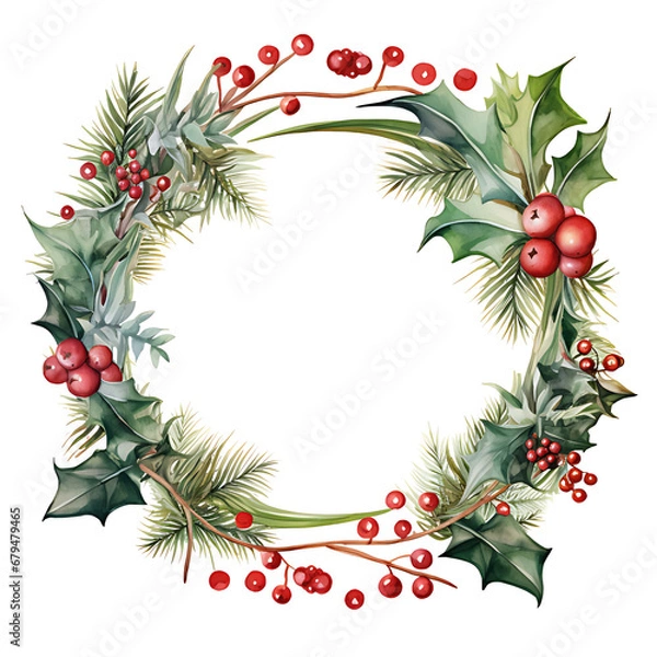 Fototapeta Watercolor Christmas tree and mistletoe wreath. Hand painting realistic vintage round frame with branches, snowberry and leaves isolated on white background.