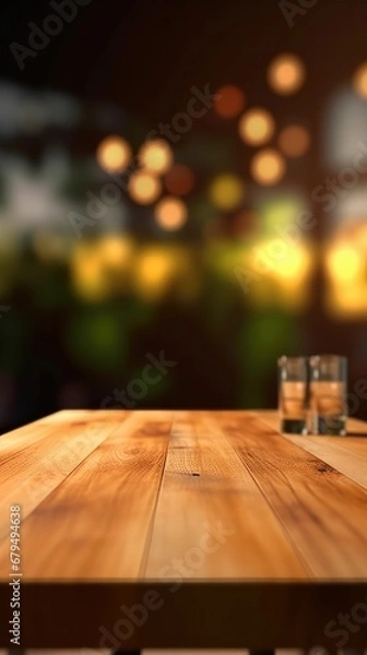 Fototapeta Empty wooden table in front of blurred background of restaurant or coffee shop
