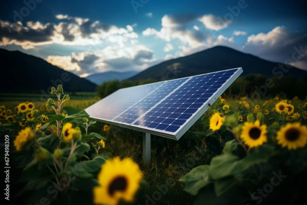 Obraz A solar panel nestled in a field of sunflowers and wildflowers, creating a picturesque scene with green and blue hues.