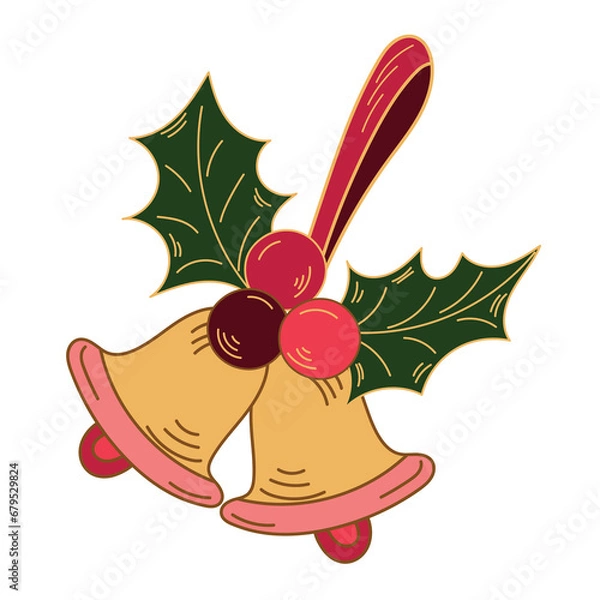 Obraz Christmas decoration two golden bells with holly leaves and berries sticker design isolated on transparent background