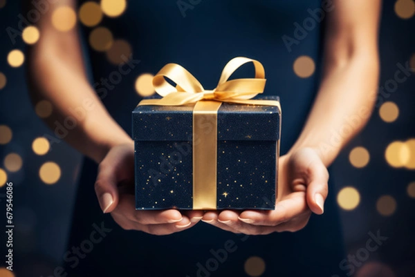Fototapeta Manos de mujer entregando un regalo con envoltorio azul con un lazo dorado.