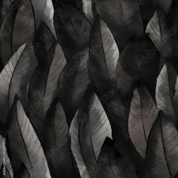 Fototapeta Seamless pattern with leaves. Monochrome watercolor background. Black background. Stock illustration.