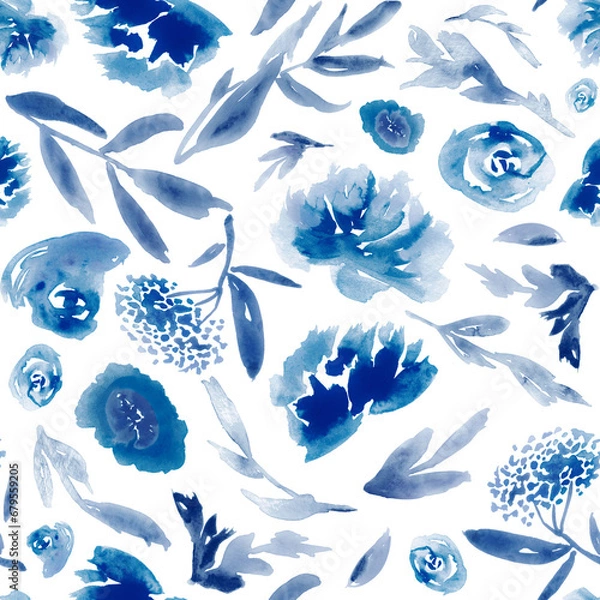 Fototapeta Watercolor floral motif in blue and white. Seamless hand-painted botanical pattern.