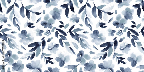 Fototapeta Watercolor floral in blue grey. Seamless hand-painted abstract botanical pattern.