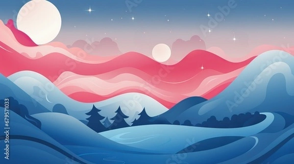 Fototapeta Stylized illustration of mountains at twilight with vibrant hues and starry sky
