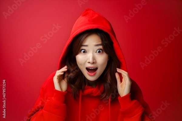 Obraz Surprised happy asian woman in sweater coat and looking at the camera yellow red colorful background concept